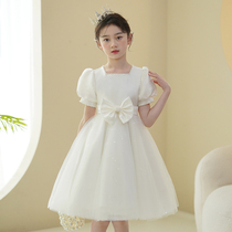 Girls Dress Dress Summer 2024 New Childrens Performance Clothes Puff Skirt White Flower Girl Princess Dress Fashionable