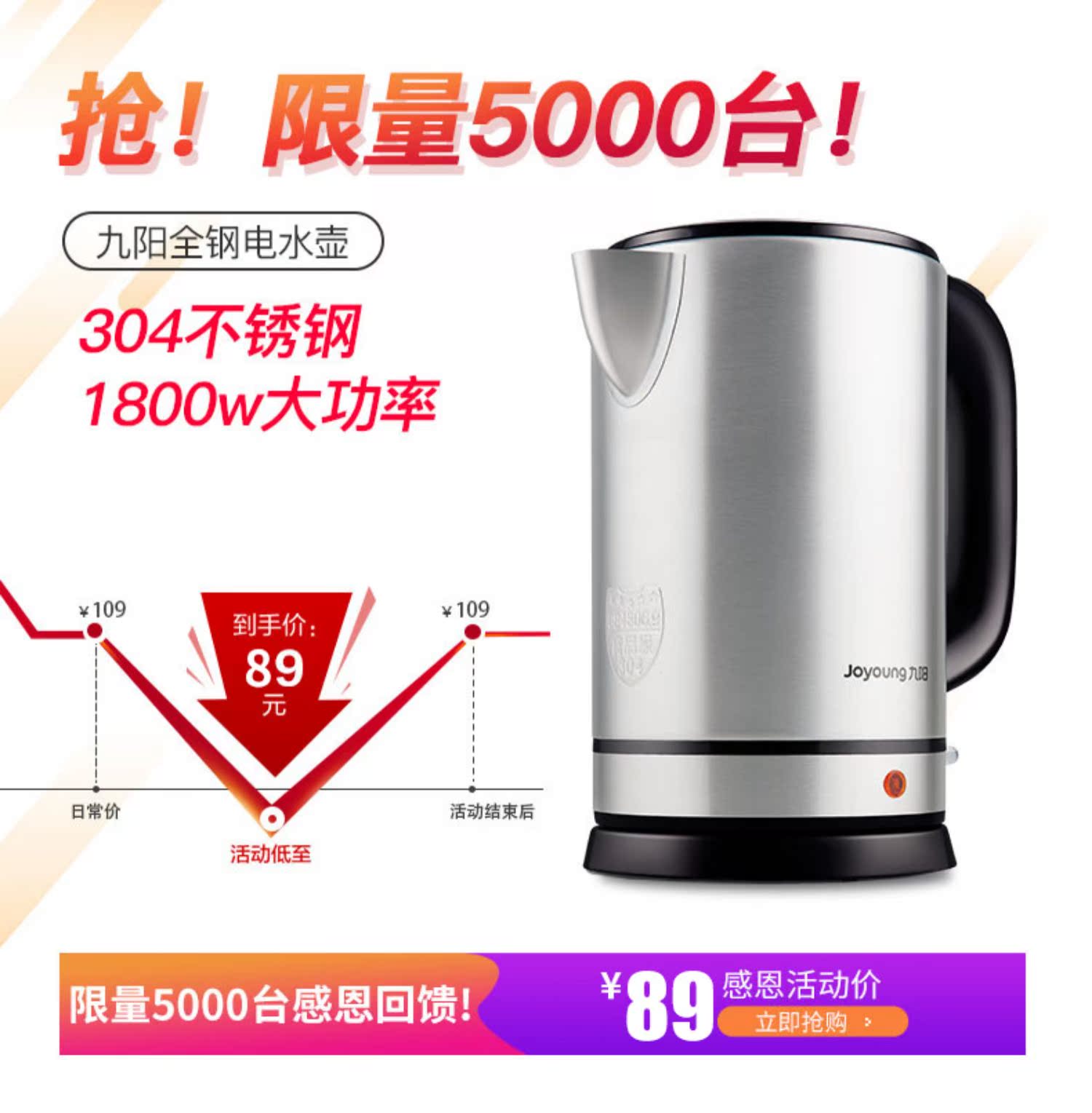 binh dun nuoc Ấm đun nước điện Jiuyang Ấm đun nước gia đình công suất lớn tự động tắt nguồn bằng thép không gỉ 304 chính thức - ấm đun nước điện ấm siêu tốc wmf