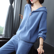 European Station Casual Suit Women Autumn Winter New Imitation Minke Cashmere Cardiovert Sweatshirt Fashion Knit Two Pieces Thick