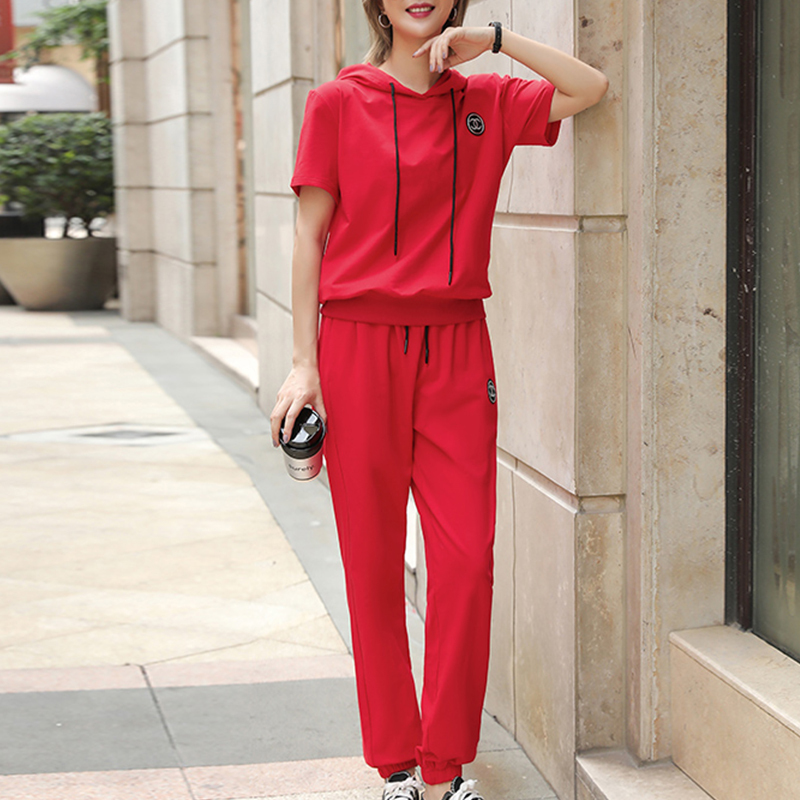 Zodiac Year Red Fashionable Hooded Short-Sleeved Casual Sports Suit for Women in Summer Loose Large Size Pure Cotton Two-Piece Set