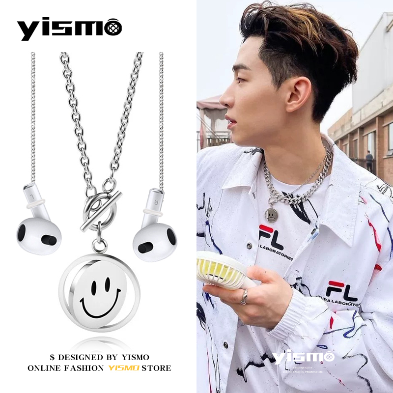 Celebrity-Style Bluetooth Wireless Earphones Compatible with Apple, Huawei, and Xiaomi, Anti-Lost Necklace, Anti-Drop Ear Clip, Smiley Face, Titanium Steel