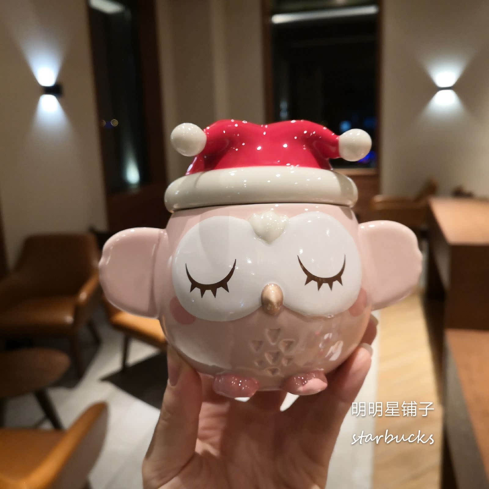 Starbucks Christmas new cup owl-shaped mug powder cute ceramic cup with lid coffee cup