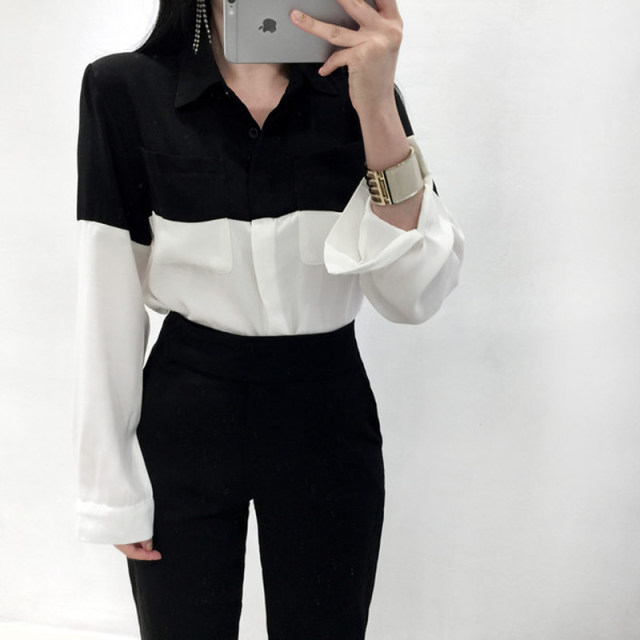 2023 Spring and Autumn New Chic Simple and Attractive Black and White Splicing Top OL Commuting Color Matching Single-breasted Long-Sleeved Shirt