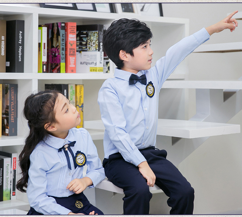 Áo sơ mi nữ màu xanh nhạt cho bé trai và bé gái áo dài tay mùa xuân và mùa thu lớn cho bé tiểu học biểu diễn đồng phục cotton thời trang cho bé