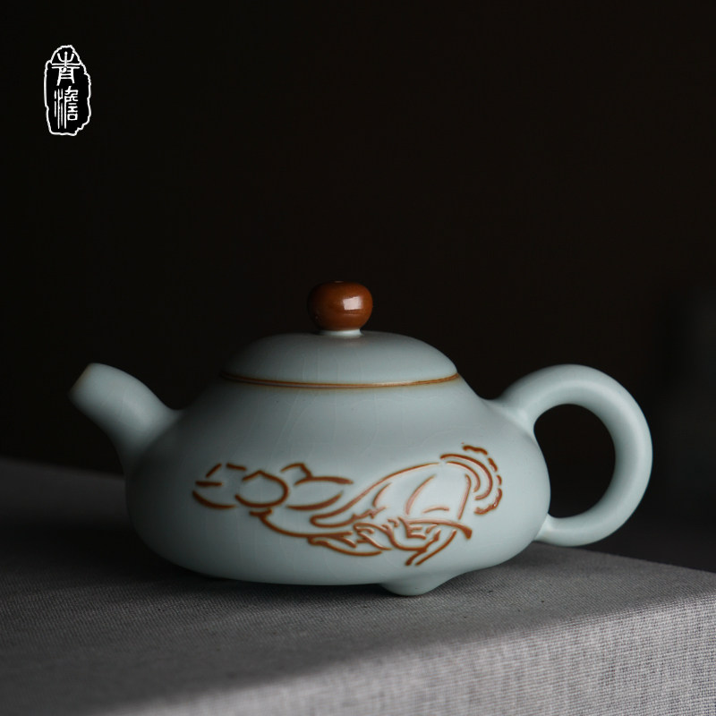 Qingzhuang Ru kiln teapot single pot home simple restoration ancient Jingdezhen Ru porcelain handmade ceramic kung fu tea set azure sky blue