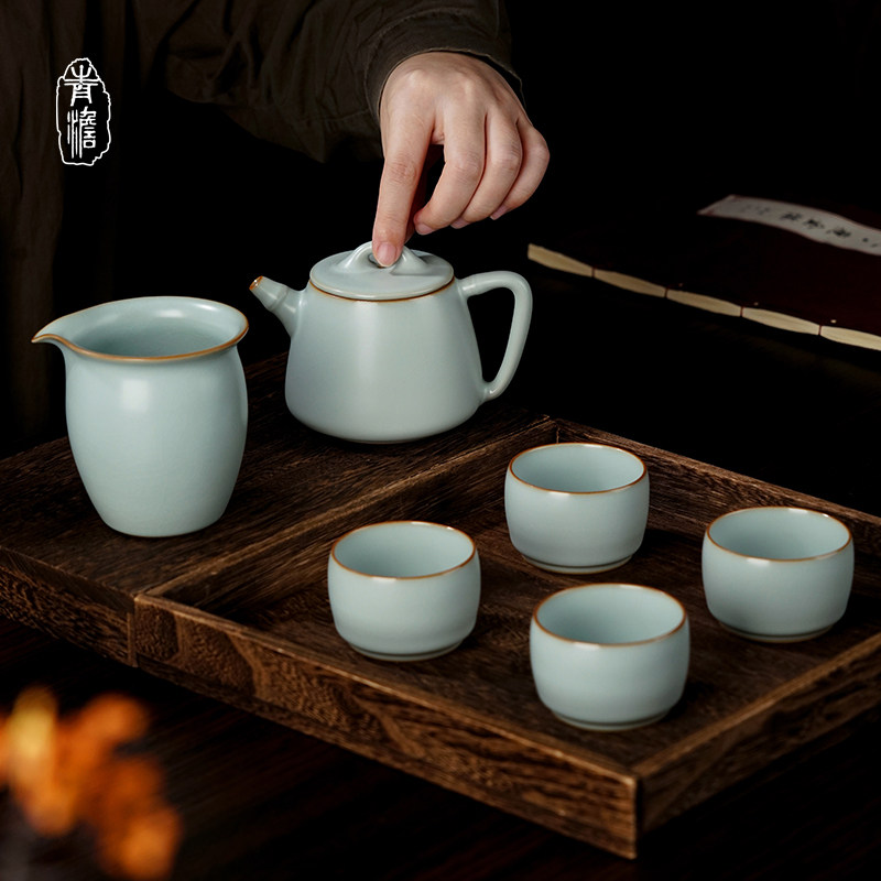 Ru kiln kung fu tea set set home living room Chinese-style Jingdezhen ceramic Ru porcelain open piece tea art tea set gift box