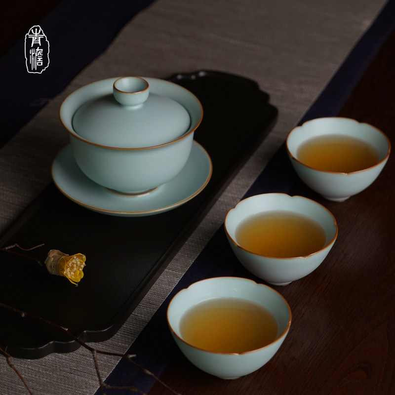 Ru Kiln Cover Bowl suit Three-only tea cup Home Jingdezhen Gongfu tea with open sheet ice cracked glazed green porcelain ceramic