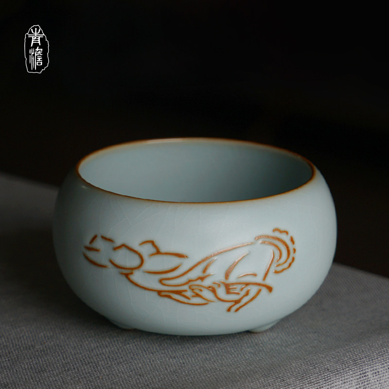 Green Light Ru Kiln Tea Cup Ceramic Master's Cup Single Cup Merit Tea Tasting Tea Tasting Cup Jingdezhen tea Artisanal Ru Porcelain Open Sheet
