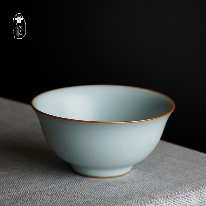 Ru Kiln Pint Tea Drinking Cup Master Cup Ceramic Personal Cup Single Cup Jingdezhen Kongfu Tea Cup Open Sheet Green Porcelain Handmade Ru Porcelain