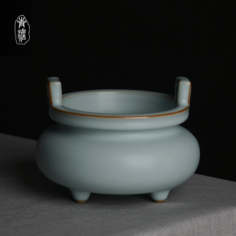Ru kiln incense burner azure ceramic agarwood sandalwood incense stove plate handmade home room for Buddha offering ornaments