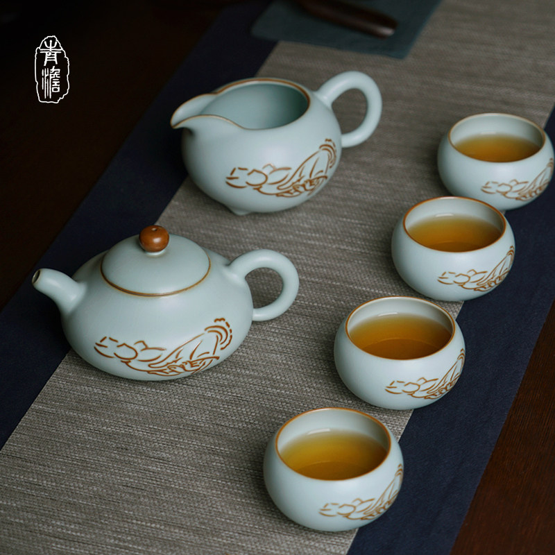 Handmade Ru kiln tea set home simple Jingdezhen ceramic gift kung fu tea gift box ice cracked glazed celadon