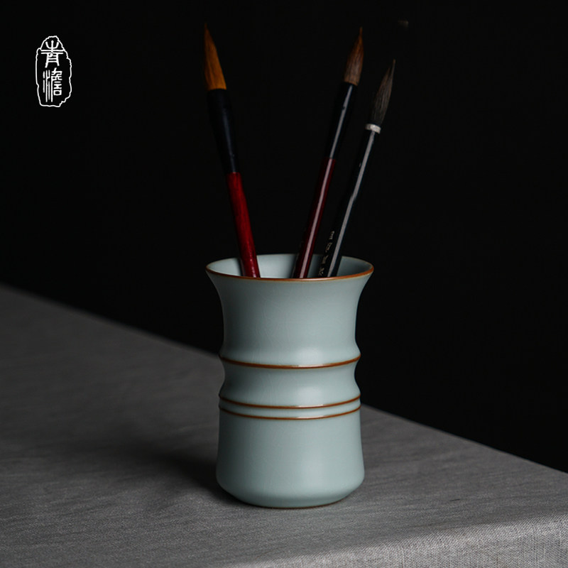 Ru kilo pen holder ceramic handmade retro book house porcelain Jingdezhen Ru porcelain ice cracked glaze gift box with cicadas winged blue porcelain