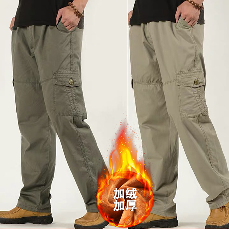 Winter middle-aged trousers plus thick casual pants loose large size multi-pocket bag daddy warm pants