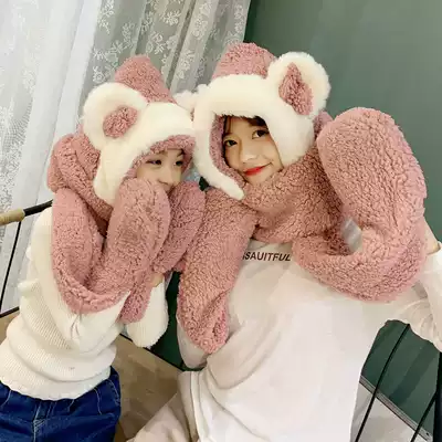 Hat female autumn and winter Korean version of children's ear protection collar hat scarf scarf gloves three pieces in one thick cute girl tide