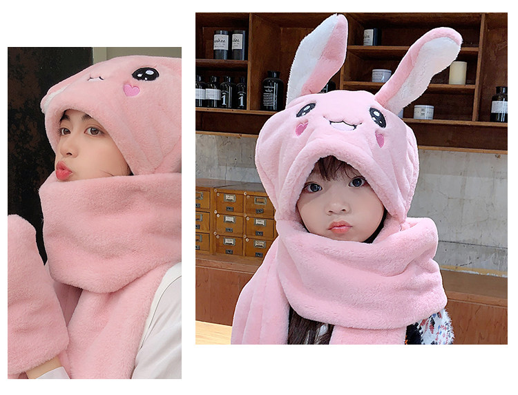 2022新款兔耳朵会动帽子女秋冬季儿童围脖围巾手套三件套一体女童详情18