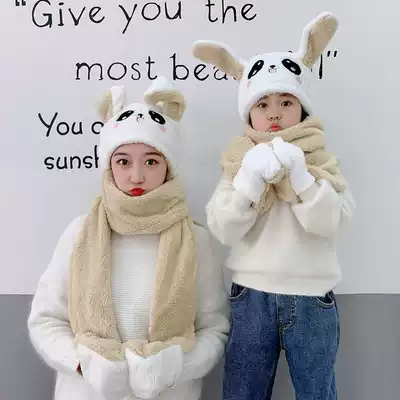 Rabbit ears will move the hat female autumn winter Net Red children's ear hat cold hat gloves scarf one girl