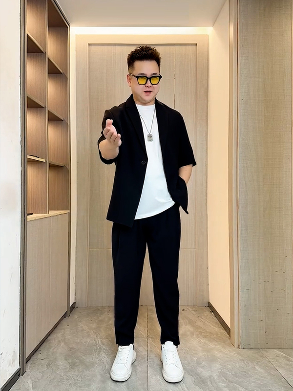 Summer Slim-Fit Short-Sleeved Suit Jacket for Slightly Chubby Men, Loose-Fitting Plus-Size Five-Quarter Sleeve Casual Blazer for Men