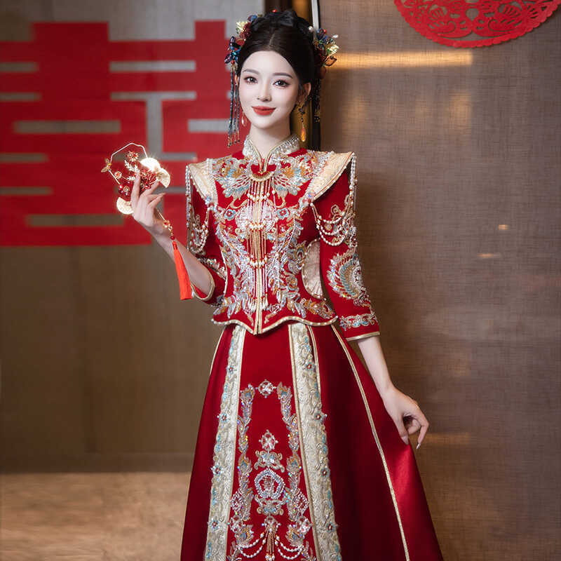 Xiuhe-Style Wedding Dress 2026 New Model Bride's Chinese-Style Wedding Dress Toast Dress Plus Size Wedding Gown Velvet Petite Size