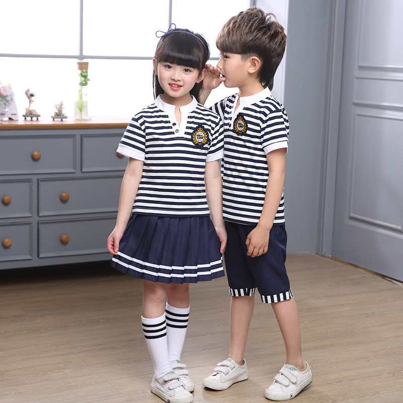 Elementary school uniform summer British style striped short-sleeved shirt suit 2018 pink blue kindergarten uniform