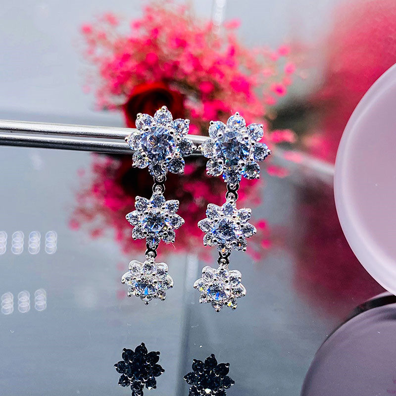 18K white gold import D color mosanstone ear needle sunflower rose gold group inlaid with three floral long version earrings pure silver earbuds