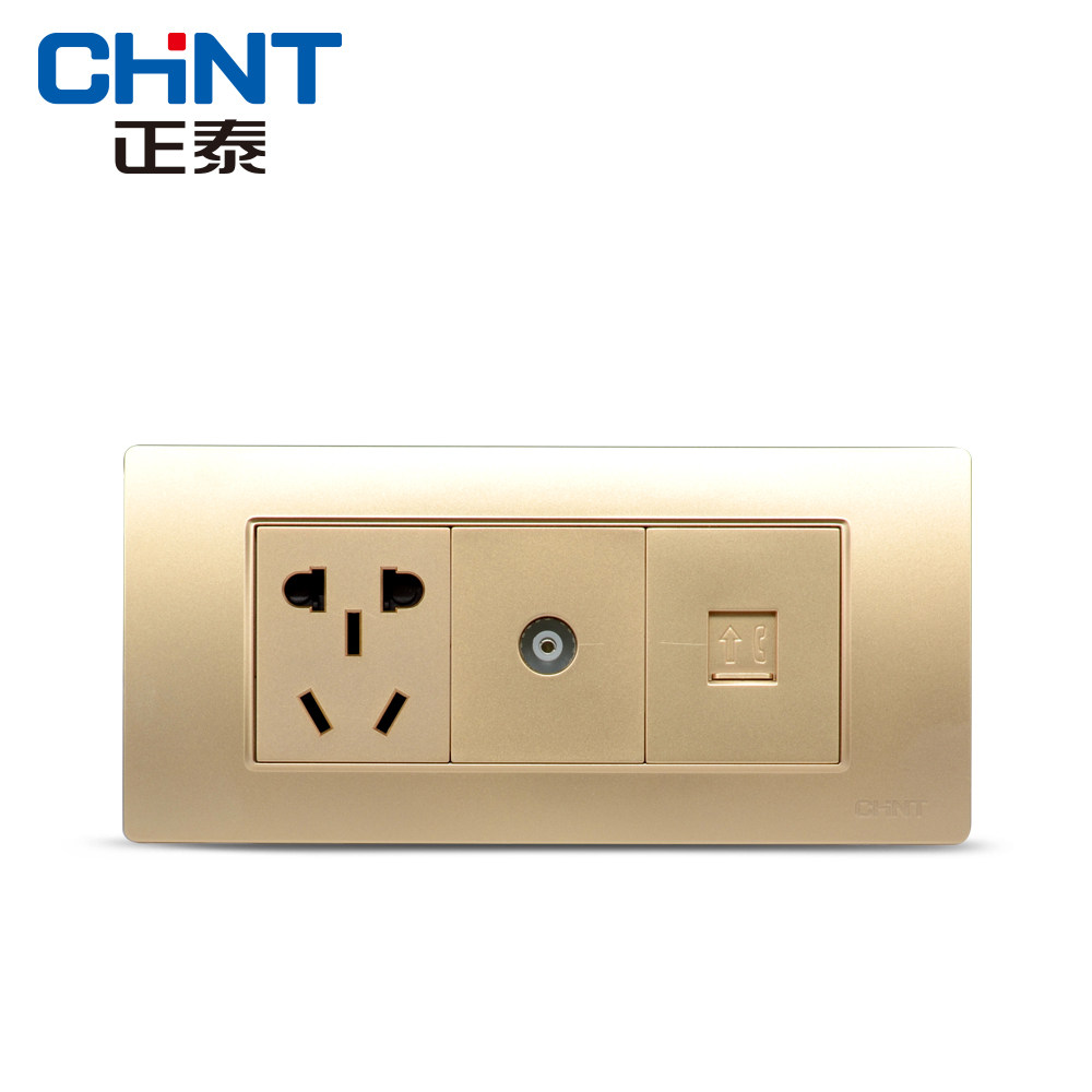 Chint Electric 118 type socket NEW5D steel frame champagne dazzle gold three-digit one socket TV phone