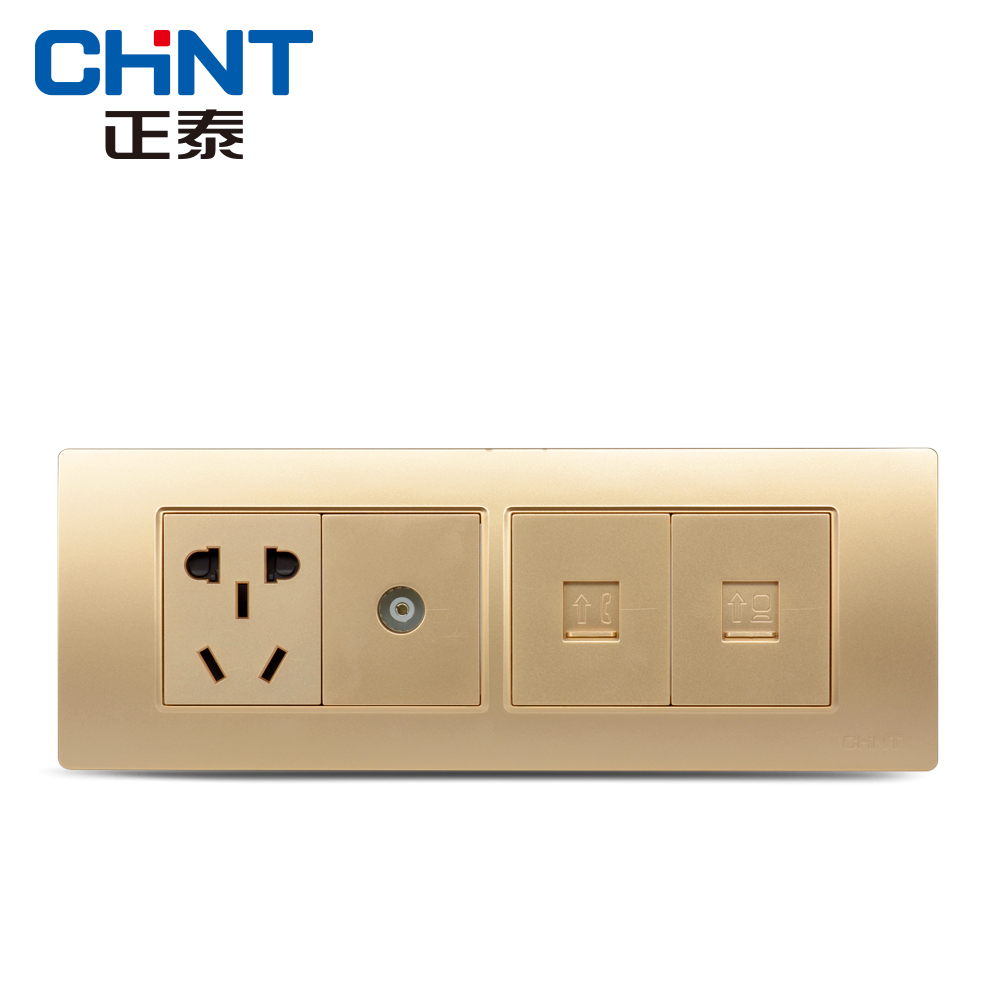 Chint Electrician 118 New5D Steel Frame Champagne Dazzling Gold Four-digit one socket + TV + computer + telephone