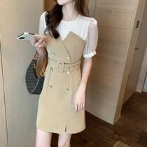 Summer temperament socialite dress 2021 Korean heroine stitching fake two-piece waist thin design skirt