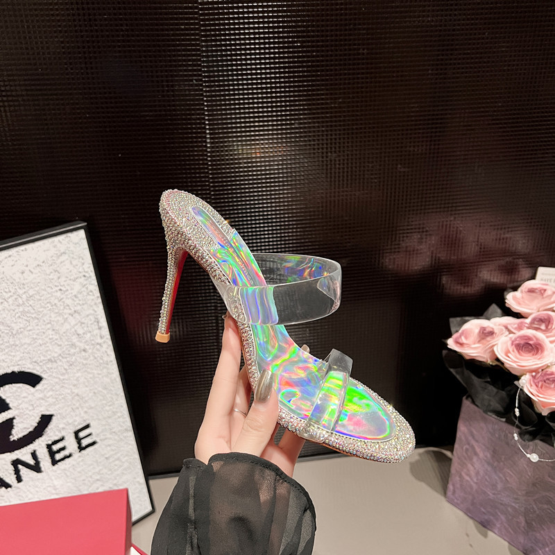A Meow Xixi Red-Soled Rhinestone Sandals for Outer Wear, One-Line Slippers, Glass Rubber High-Heeled Women's Sandals