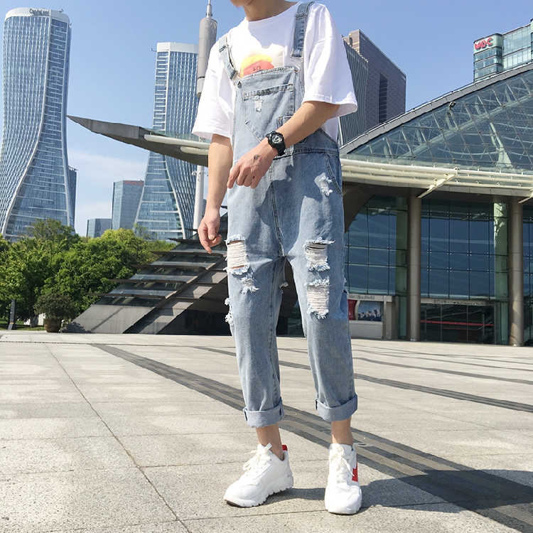 Spring Korean version of couple student suspenders youth trend boys hole nine points denim holding baby bag pants men's jumpsuit