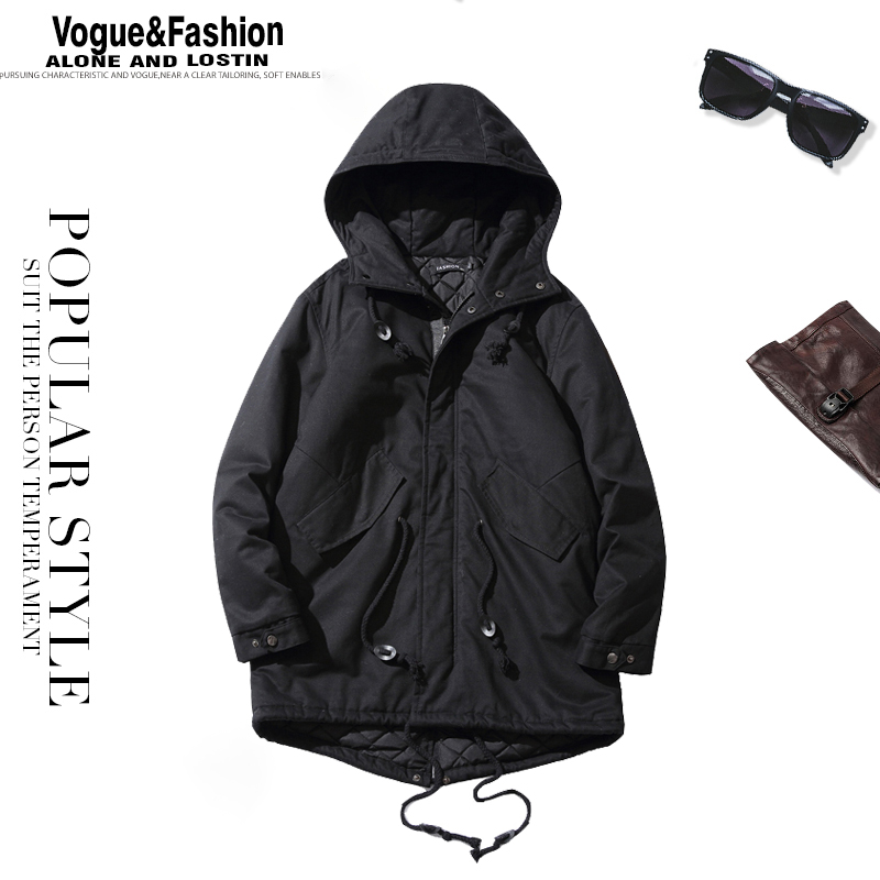 Winter new style men's midlength cotton jacket with plush and thick cotton jacket Japanese retro dovetail coat with a hat large size cotton-padded jacket
