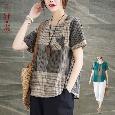 Cotton and linen women's striped blouse, a middle-aged mother's summer retro original checked shirt, loose and stylish short-sleeved T-shirt