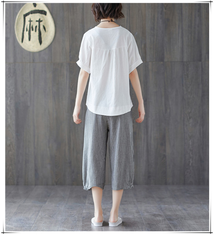 Áo thun cotton và hoa thêu tay ngắn mùa hè 2019 quần áo mới phong cách quốc dân áo từ bi rộng tay áo sơ mi nữ - Áo phông áo phông nữ có cổ