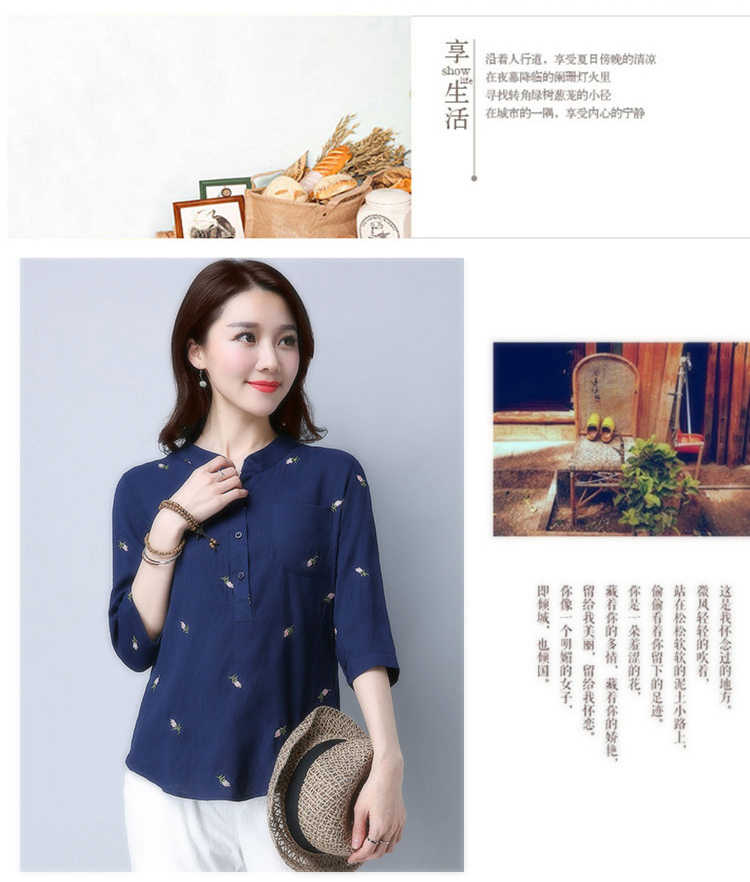 Áo cotton và vải lanh top 2019 mùa hè mới chạm đáy áo mới thêu phụ nữ quần áo rộng bảy điểm tay áo thun nữ thủy triều - Áo phông áo phông đẹp nữ