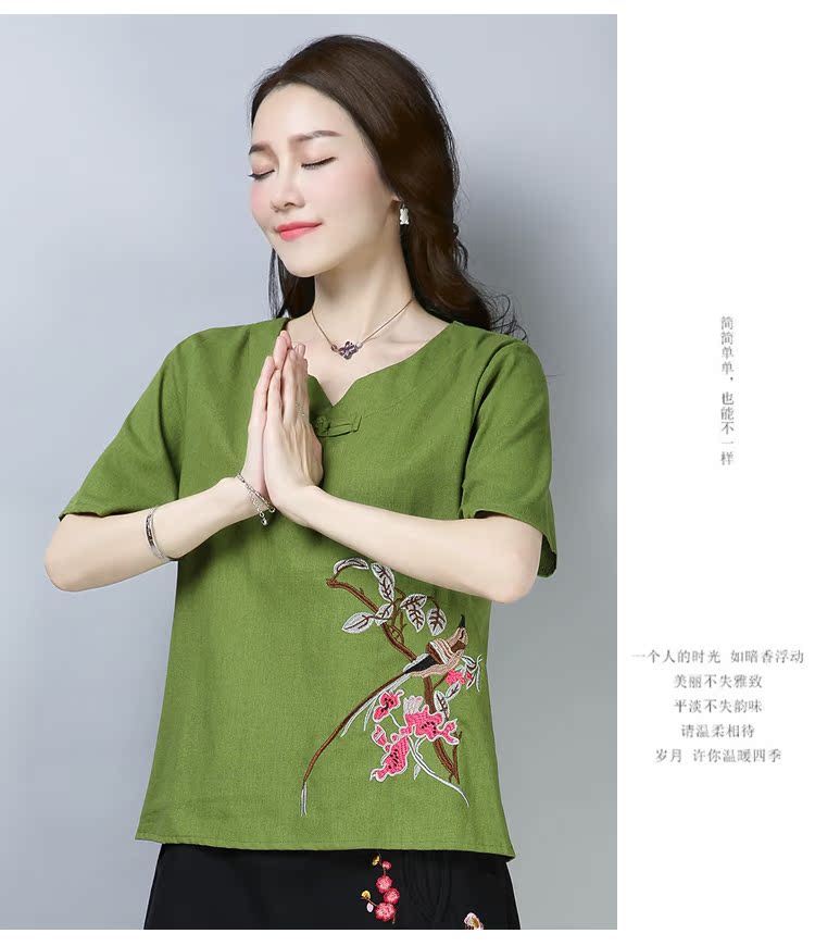 Chất liệu cotton và vải lanh cỡ lớn cho nữ 2019 mùa hè mới phong cách quốc gia thêu áo sơ mi ngắn tay nữ mùa hè áo thun nữ - Áo phông áo phông đôi cho bạn thân nữ