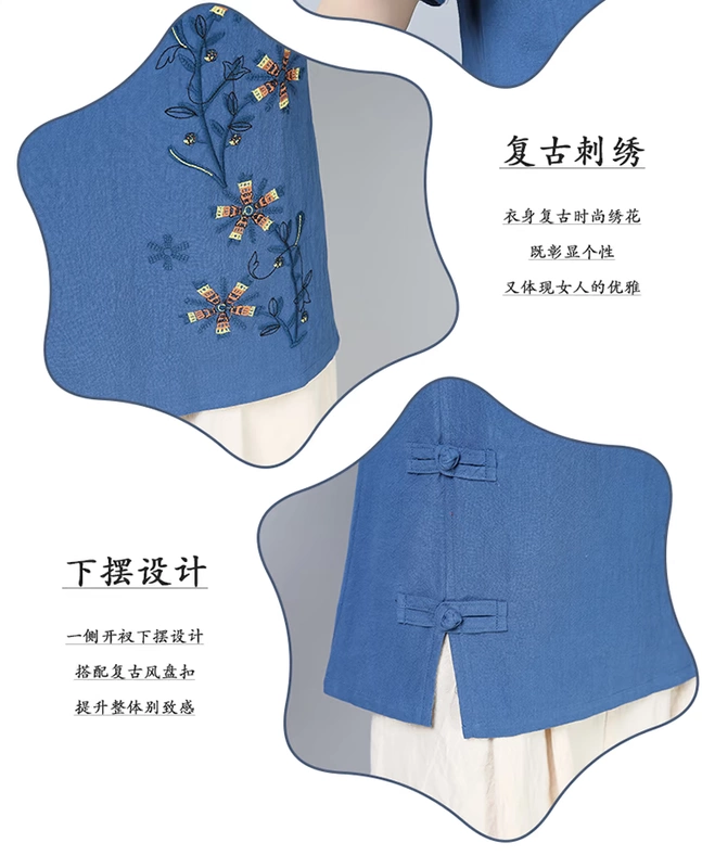 Chất liệu cotton và vải lanh size lớn cho nữ 2019 hè mới gió hoang dã nửa tay áo sơ mi thêu rộng tay áo thun nữ ngắn tay - Áo phông