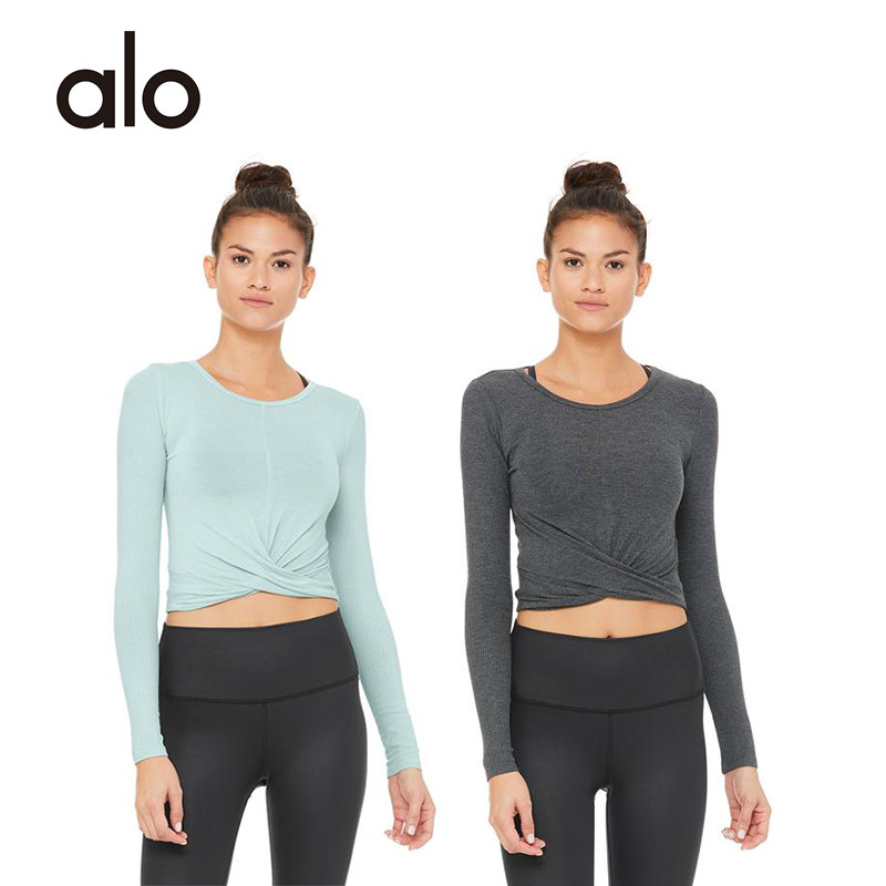 AloYoga official website light gray crop navel long-sleeved fitness sports yoga shirt overshirt with breathable short top