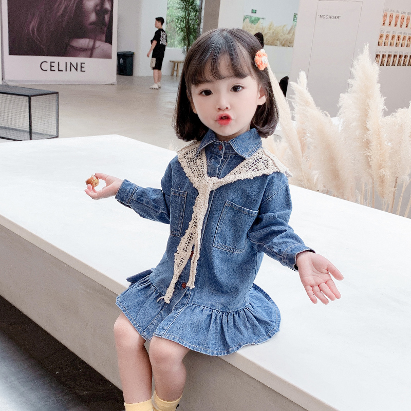 Net red girl long sleeved cowboy dress spring and autumn 2022 new child pie baby princess dress children