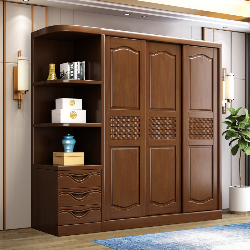 Solid wooden wardrobe modern simple push and pull door four door locker three door locker bedroom furniture Chinese large closet