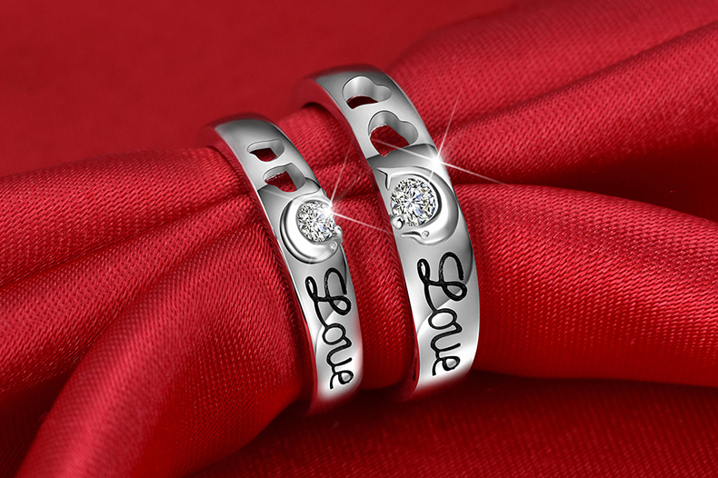 S925 sterling silver couple nhẫn một cặp chữ đồ trang sức nam giới và phụ nữ sống miệng để vòng đơn giản mở nhẫn cưới chiếc nhẫn kim cương