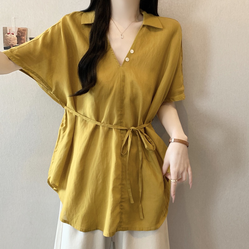 Plus-Size Women's Clothing with a Lazy Style Design, V-Neck Tie Short-Sleeve Shirt for Women, Loose and Slimming Unique Top for Chubby Girls