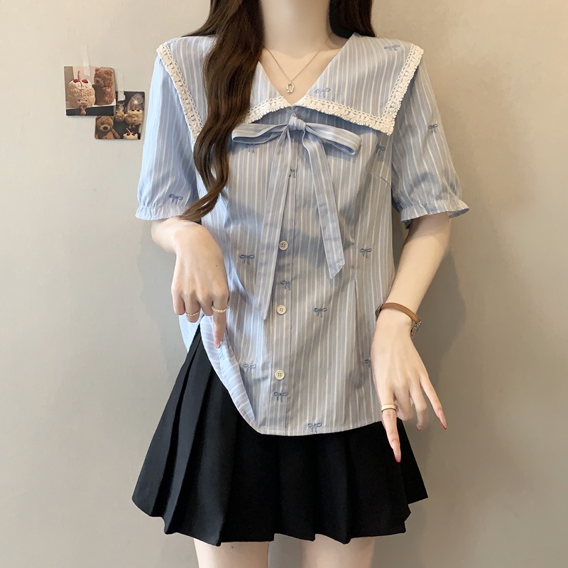 Plus Size Women's Navy Collar Striped Bow Embroidered Shirt for Chubby Girls, Elegant and Age-Reducing, Slimming Top
