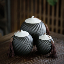 Retro round black black pottery Coarse pottery sealed tea jar Ceramic travel storage jar Puer jar Storage tea jar Tea set