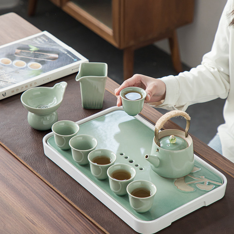 Daiqing glaze kung fu tea set ceramic household living room simple Japanese teapot teacup small set water storage tea tray set