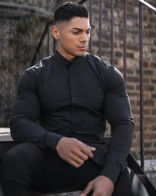 Muscle man fitness long-sleeved shirt European and American sportsman elastic anti-wrinkle thin section quick-drying breathable men's non-ironing shirt