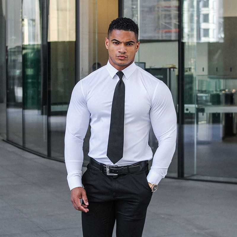 Muscular Men's Business Formal Shirts, High Elasticity, Slim Fit, Anti-Wrinkle, No-Iron Shirts, Thin, Quick-Drying, Breathable Fitness Shirts