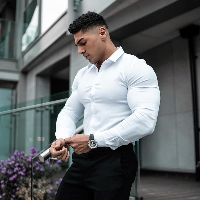 High elastic body slimming casual spring and autumn long-sleeved shirt muscular men sports fitness shirt