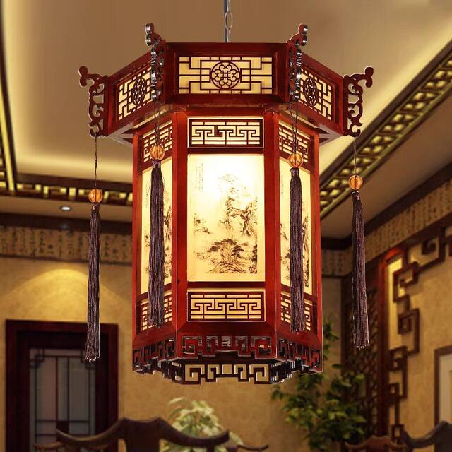 Chinese-Style Antique Imitation Solid Wood Chandelier, Hexagonal Temple and Ancestral Hall Lantern, Retro Hotel, Teahouse, Hotel Corridor, Balcony Chandelier
