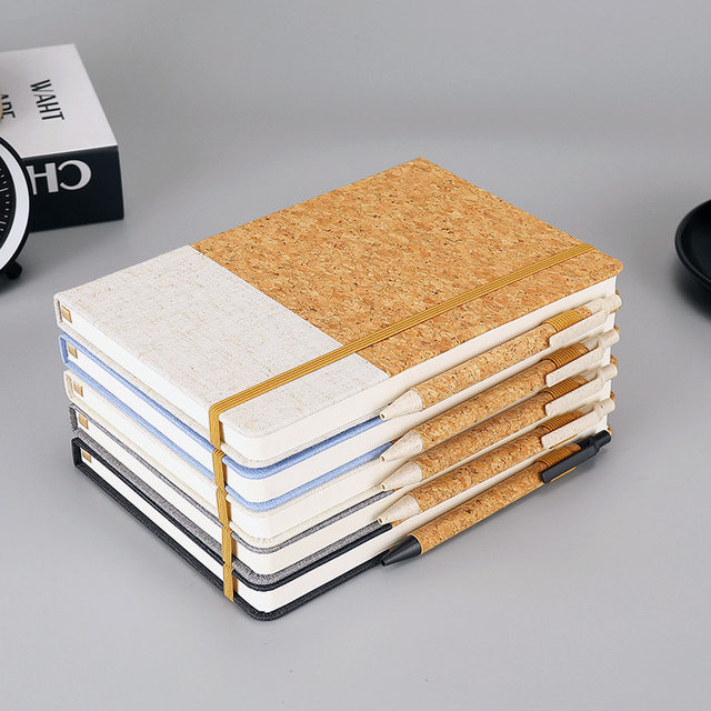 Cork Strap Notebook A5 Faux Leather Pu Eco-Friendly Wheat Straw Spliced Fabric Texture Notepad Business Set