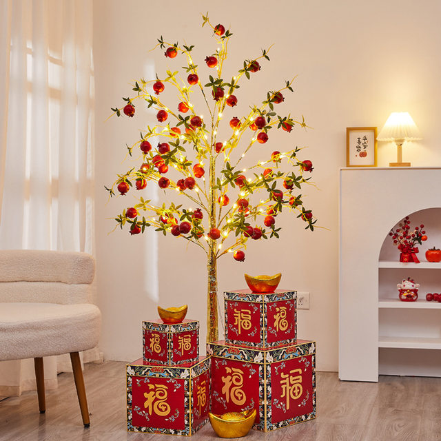 Led Light-Up Tree with Simulated Pomegranate Fruit for Year of the Horse, Suitable for Mall and Shop Window Decoration, Persimmon Decorative Tree Ornament