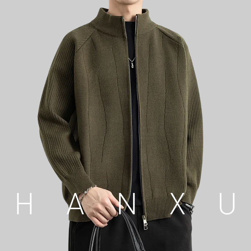 Hanxu'Free Space' Autumn and Winter High-End Solid Color Zipper Stand Collar Men's Knitted Cardigan Sweater Jacket